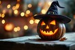 jack o lantern with a witch hat, wizard hat, pointy hat,  pumpkin with a funny face, carved pumpkin, halloween decoration, on a wooden table, cute pumpkin, lantern, Generative AI 