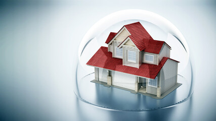 House model protected by glass sphere. Insurance and safety concept. 3D illustration