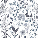 Fototapeta Kwiaty - Floral seamless pattern with wildflowers and butterflies.