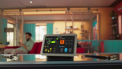 Creative Smart Home Device with Dark Theme Infographics Shown on Display. Person using Smartphone to Control His stylish House. IOT Connected Wireless Intelligent System. Zoom out