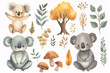 A charming collection of koala bear watercolor illustrations surrounded by fall-inspired trees, leaves, and mushrooms, perfect for seasonal designs or children's educational content.