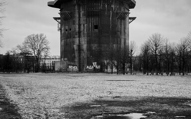 Sticker - black and white vintage photography, old abandoned world war building in eastern europe, austria, vienna