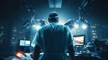 Capture The Essence Of Surgical Precision As A Surgeon Works In The Operating Room, Seen From A Compelling Back Perspective.