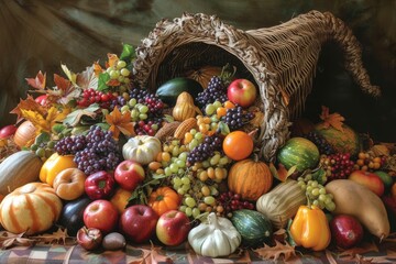 A picturesque cornucopia overflowing with an abundance of seasonal fruits and vegetables