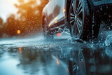 Fototapeta  - car on the street - Close up of car tires on wet road. water splashing. blurred background, rainy, Generated AI.