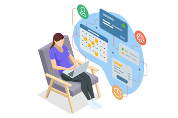 Poster - Isometric Business Project Management System. Project manager updating tasks and milestones progress planning. Strategy for construction and operations. Successful business plan tasks.