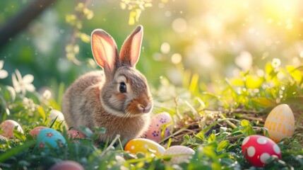 Easter - Cute Bunny In Sunny Garden With Decorated Colorful Eggs, generated with AI