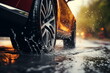 © jirayut - car on the street - Close up of car tires on wet road. water splashing. sunlight, blurred background, rainy, Generated AI.