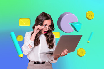 Wall Mural - Creative collage image picture of lady economist working on netbook analyze financial stock with flying 3d elements