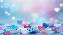 Blue And Pink Heart Shapes, Valentines Day Background. Be My Valentine Theme. Valentine Celebration Concept Greeting Card Hearts On String With Gold Defused Bokeh Lights In The Background