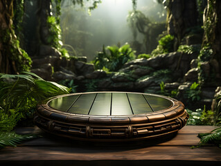 a round plate in the jungle on a tropical background