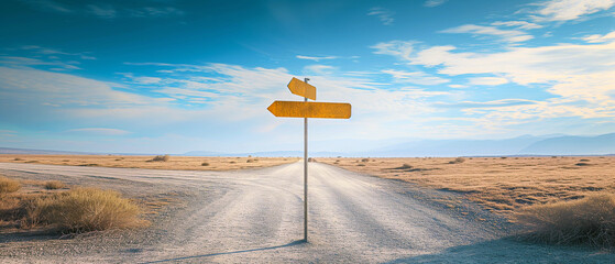 Business decision design concept with a big road sign, signpost in the middle of the road in an empty rural area, plain under the blue sky. Arrows pointing into directions in the fork of the road.