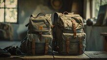 Stylish Vintage Canvas Backpacks Next To A Classic Camera On A Wooden Table, Illuminated By Natural Light From A Window.