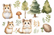 This delightful watercolor illustration features cute hamsters with forest trees, mushrooms, and foliage, perfect for children's books or nursery room art.