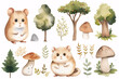 This delightful watercolor illustration features cute hamsters with forest trees, mushrooms, and foliage, perfect for children's books or nursery room art.