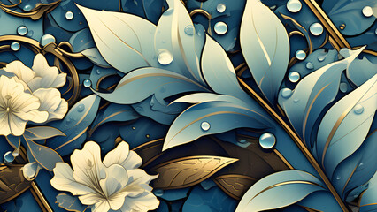 Poster - Luxury gold and nature blue background. Floral pattern. AI Generated