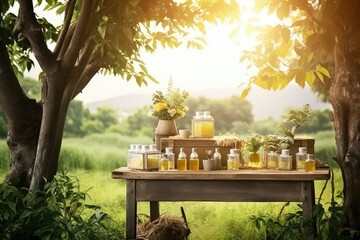 Canvas Print - Table with orange tree and grass