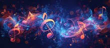 Colorful Music Notes Key Symbol On Fantasy Lines Of Melody On Abstract Dark Background. Generated AI