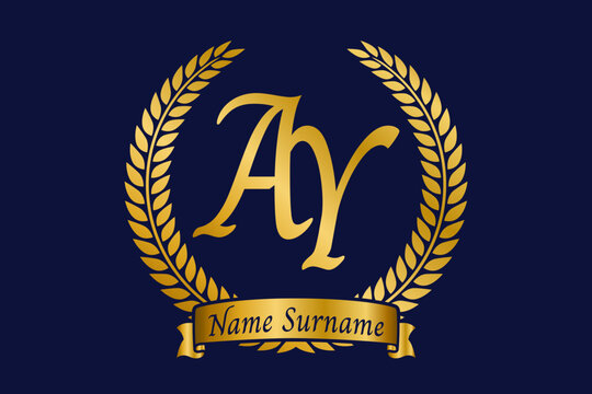 Initial letter A and Y, AY monogram logo design with laurel wreath. Luxury golden calligraphy font.