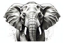 Front View Of Isolated Black White Elephant Illustration On White Background