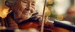 An elderly woman plays the violin, her eyes closed in reverie, music flowing as a gentle defiance to dementia's shadow