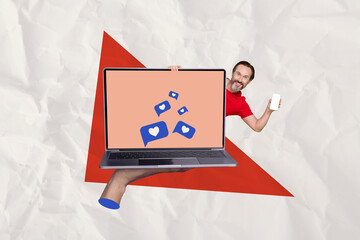 Poster - 3d abstract creative artwork template collage of smiling guy enjoying instagram twitter telegram fac