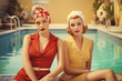 © Delphotostock - Two women sitting by a pool, vintage 1950s fashion models portrait, retro style