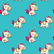 cute happy unicorn on turquoise isolated background for girls seamless endless pattern vector illustration