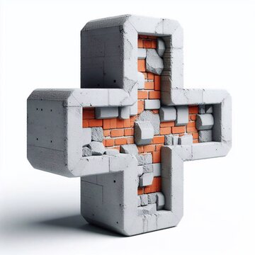 Plus mark shape created from concrete and briks. AI generated illustration