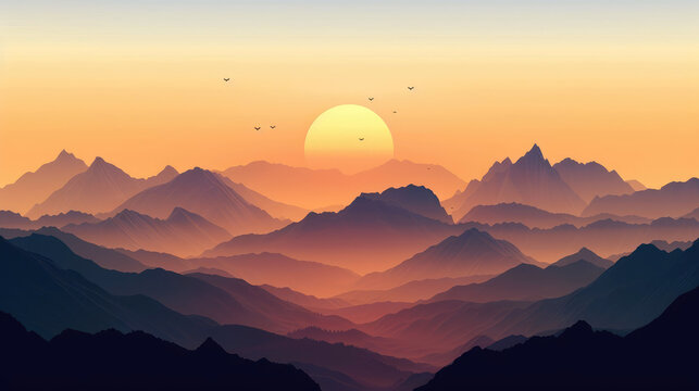 Sunrise painting the flat vector depiction of mountain scenery