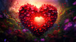 A big red heart shape of blooming flowers standing in floral garden and petals in sunset light, love concept