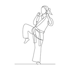 Canvas Print - Continuous single line sketch drawing of young woman confident karateka in kimono practicing karate kick combat. One line traditional martial art sport training concept Vector illustration