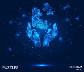 Wall Mural - hologram puzzles. puzzles in the hands of polygons, triangles of dots and lines. the puzzle is in th