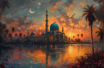 Wall Mural - Glowing Moonlit Night at the Grand Mosque Generative AI