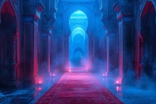 Glowing Pathway In A Grand Hallway: A Blue Moonlit Night Generative AI