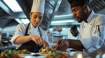 female chef in a professional kitchen garnishing a dish with focus