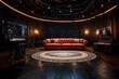 a detailed description for an AI-generated image of an immersive TV studio stage featuring LED lights, spotlights, and a luxurious couch