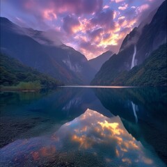 Wall Mural - Tranquil Mountain Lake at Sunset