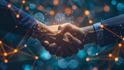 Poster - Businesspeople hands shaking together with network glowing elements around them