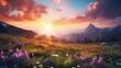 Idyllic Summer Mountain Meadow Aglow with Sunset and Wildflowers Generative AI