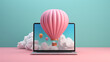 hot air balloon outgoing of laptop screen, showcase of beautiful cloud, innovative isolated background
