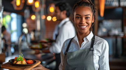 Wall Mural - female waitress smiling and holding a plate of food