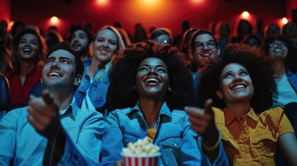 Sticker - Excited audience in a cinema, with people smiling and looking up, some pointing, while holding popcorn and engaging in a shared entertaining experience.