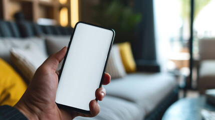 Canvas Print - Hand is holding a smartphone with a blank screen in a room with a blurred background featuring modern interior elements.