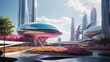 A science fiction setting showcasing a city park with futuristic, organically shaped structures amidst high-rise buildings, with a lush landscape of pink and purple flora under a clear sky