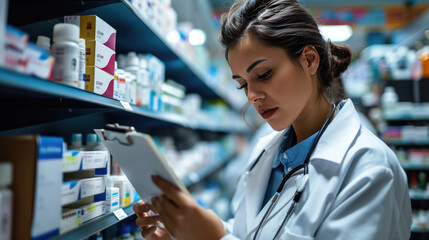 Poster - Female pharmacist or healthcare professional taking inventory or reviewing a clipboard in a pharmacy with shelves stocked with various medications.