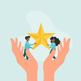 Fototapeta Zwierzęta - Giant hands help a guy and a woman reach the star. The concept of achieving success in a team. Vector illustration.