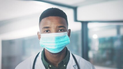 Poster - Doctor, mask and safety at hospital for health with covid, virus protection and risk for wellness. Black person, ppe and portrait of healthcare worker in clinic for pandemic, wellbeing and medical