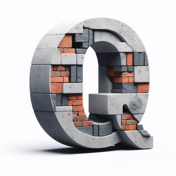 Q letter shape created from concrete and briks. AI generated illustration