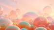 A colorful iridescent soap bubbles floating flying away on a pastel pink blue color sunset sky. Abstract texture background concept